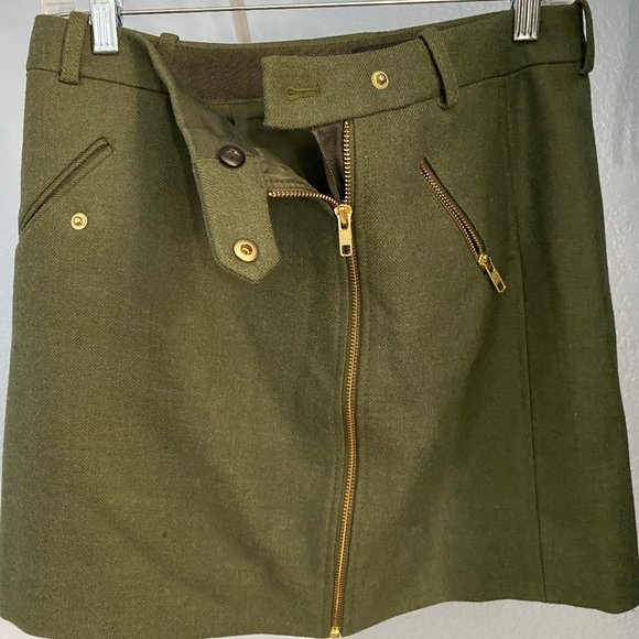 J Crew Wool Moto Zip Front Mini Skirt Hunter Army Green Zip Pocket High Waist 6 - Picture 1 of 3